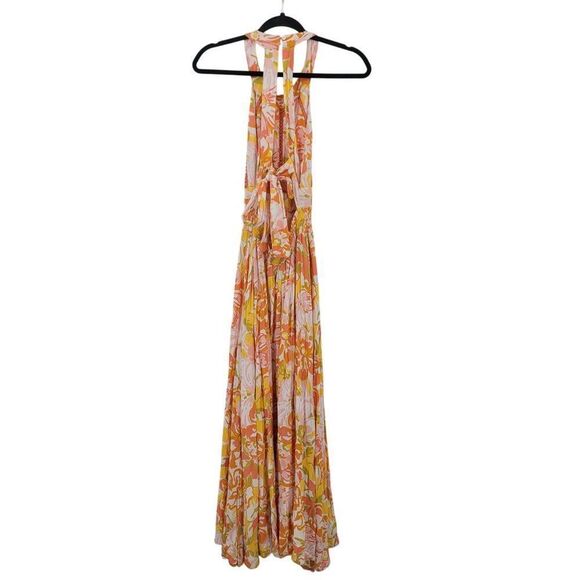 Abel The Label Sz S Pink Orange Floral Tie Cutout Halter Maxi Slip Dress Rayon - Picture 8 of 14